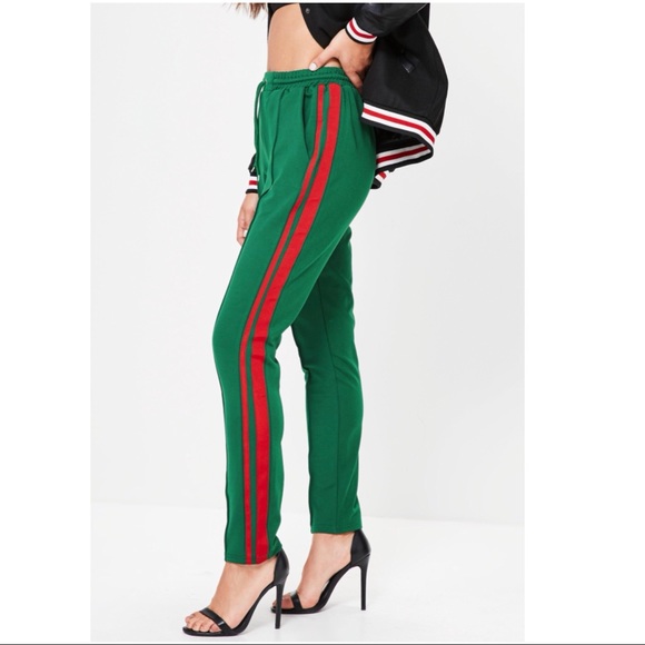 🆕🌸 Green Stretch Pants With Red Vertical Stripes - Picture 2 of 5